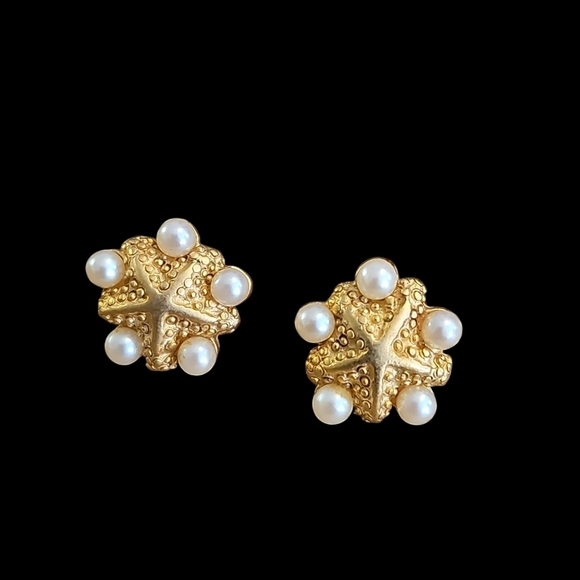 Gold and White Starfish Earrings with Pearl Accents - Picture 2 of 4